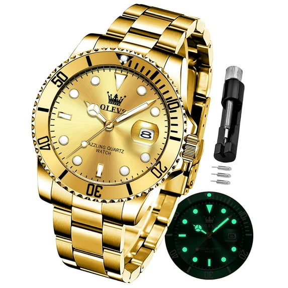 OLEVS Watches for Men Business Dress Luxury Casual Analog Quartz Stainless Steel Waterproof Luminous Date Men Wrist Watches reloj para hombre Gold Dial