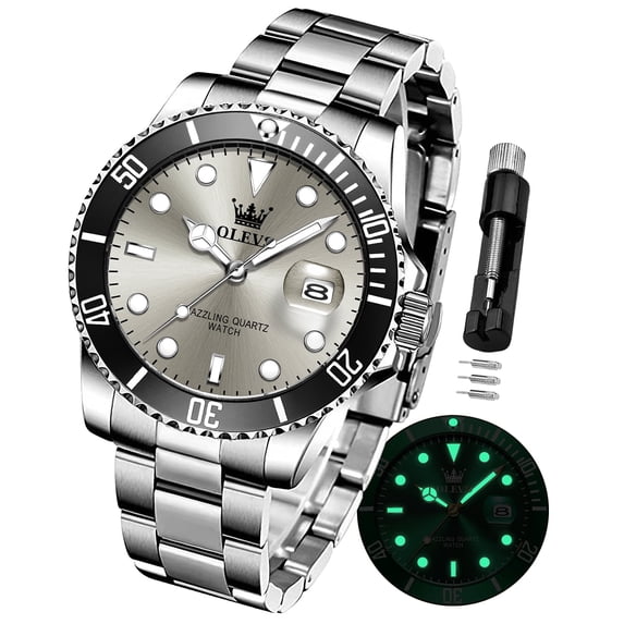 OLEVS Watches for Men Business Dress Luxury Casual Analog Quartz Stainless Steel Waterproof Luminous Date Men Wrist Watches reloj para hombre Gray Dial