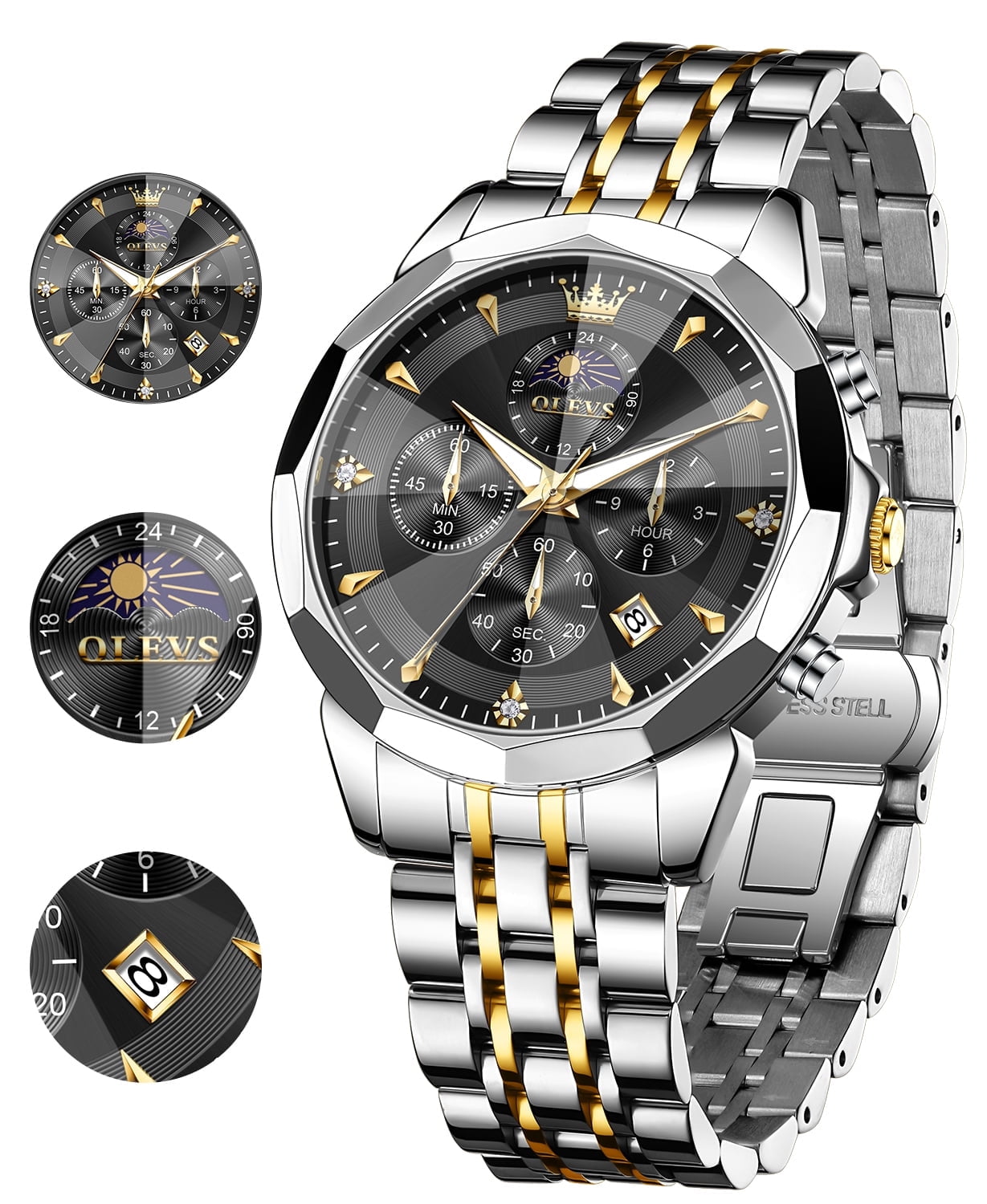 OLEVS Watches For Men Business Dress Luxury Casual Chronograph Multifunction Analog Quartz Stainless Steel Waterproof Luminous Moon Phase Date Men Wrist Watches Reloj Para Hombre Black Dial