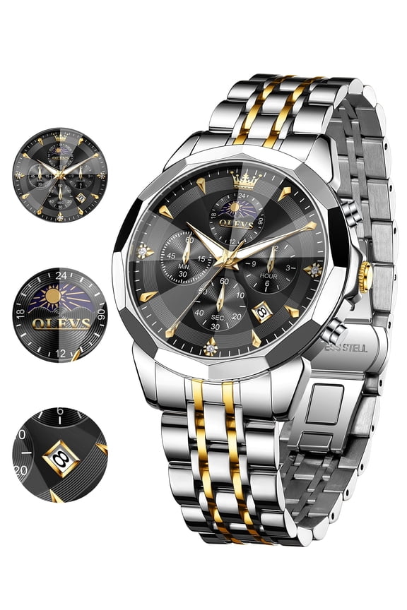 Watches For Men Business Dress Luxury Casual Chronograph Multifunction Analog Quartz Stainless Steel Waterproof Luminous Moon Phase Date Men Wrist Watches Reloj Para Hombre Black Dial