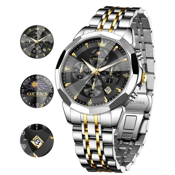 OLEVS Watches For Men Business Dress Luxury Casual Chronograph Multifunction Analog Quartz Stainless Steel Waterproof Luminous Moon Phase Date Men Wrist Watches Reloj Para Hombre Black Dial