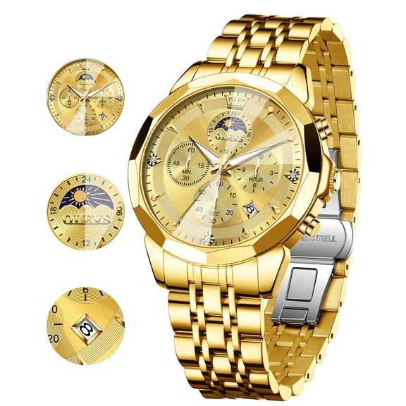 OLEVS Watches For Men Business Dress Luxury Casual Chronograph Multifunction Analog Quartz Stainless Steel Waterproof Luminous Moon Phase Date Men Wrist Watches Reloj Para Hombre Gold Dial