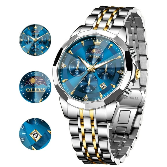 OLEVS Watches For Men Business Dress Luxury Casual Chronograph Multifunction Analog Quartz Stainless Steel Waterproof Luminous Moon Phase Date Men Wrist Watches Reloj Para Hombre Blue Dial