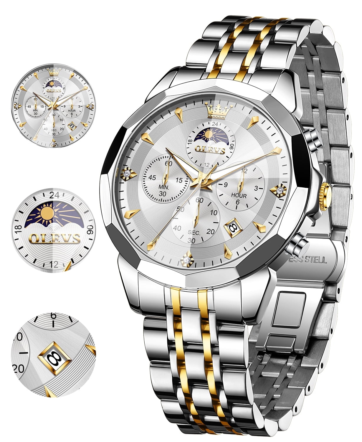 OLEVS Watches For Men Business Dress Luxury Casual Chronograph Multifunction Analog Quartz Stainless Steel Waterproof Luminous Moon Phase Date Men Wrist Watches Reloj Para Hombre White Dial
