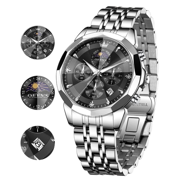OLEVS Watches For Men Business Dress Luxury Casual Chronograph Multifunction Analog Quartz Stainless Steel Waterproof Luminous Moon Phase Date Men Wrist Watches Reloj Para Hombre Black Dial