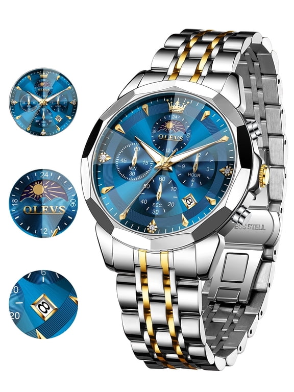 Watches For Men Business Dress Luxury Casual Chronograph Multifunction Analog Quartz Stainless Steel Waterproof Luminous Moon Phase Date Men Wrist Watches Reloj Para Hombre Blue Dial
