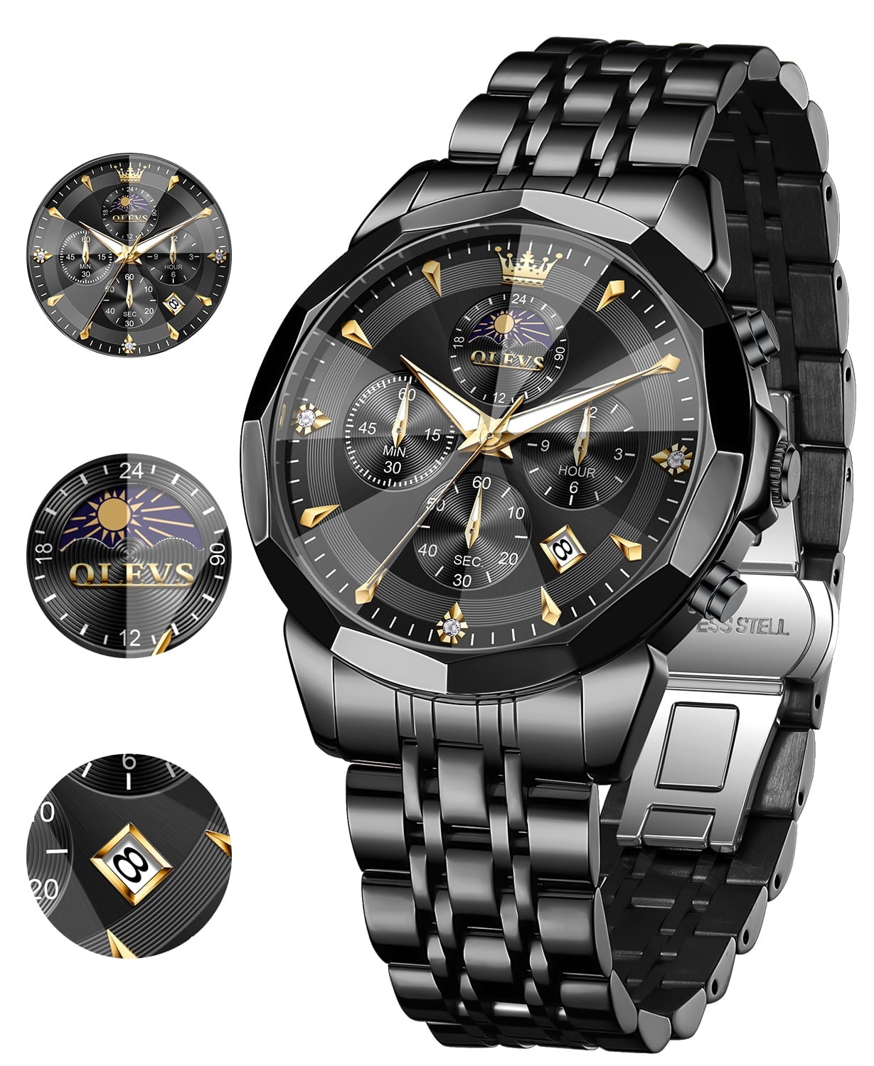 OLEVS Watches For Men Business Dress Luxury Casual Chronograph Multifunction Analog Quartz Stainless Steel Waterproof Luminous Moon Phase Date Men Wrist Watches Reloj Para Hombre Black Dial