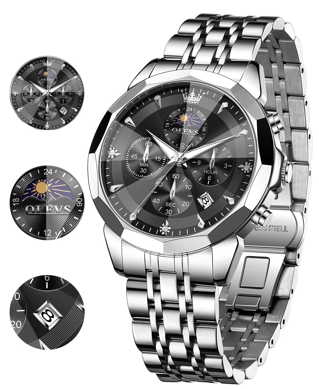 OLEVS Watches For Men Business Dress Luxury Casual Chronograph Multifunction Analog Quartz Stainless Steel Waterproof Luminous Moon Phase Date Men Wrist Watches Reloj Para Hombre Black Dial