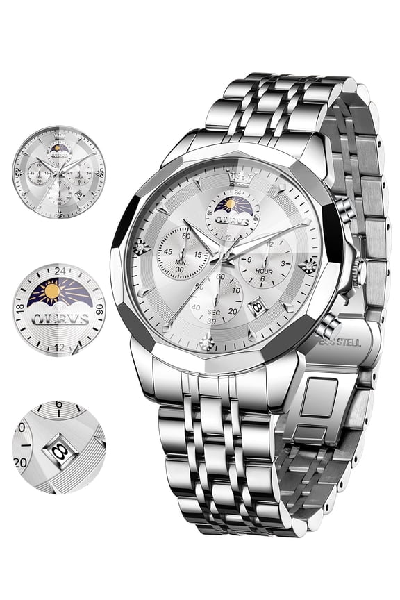 Watches For Men Business Dress Luxury Casual Chronograph Multifunction Analog Quartz Stainless Steel Waterproof Luminous Moon Phase Date Men Wrist Watches Reloj Para Hombre White Dial