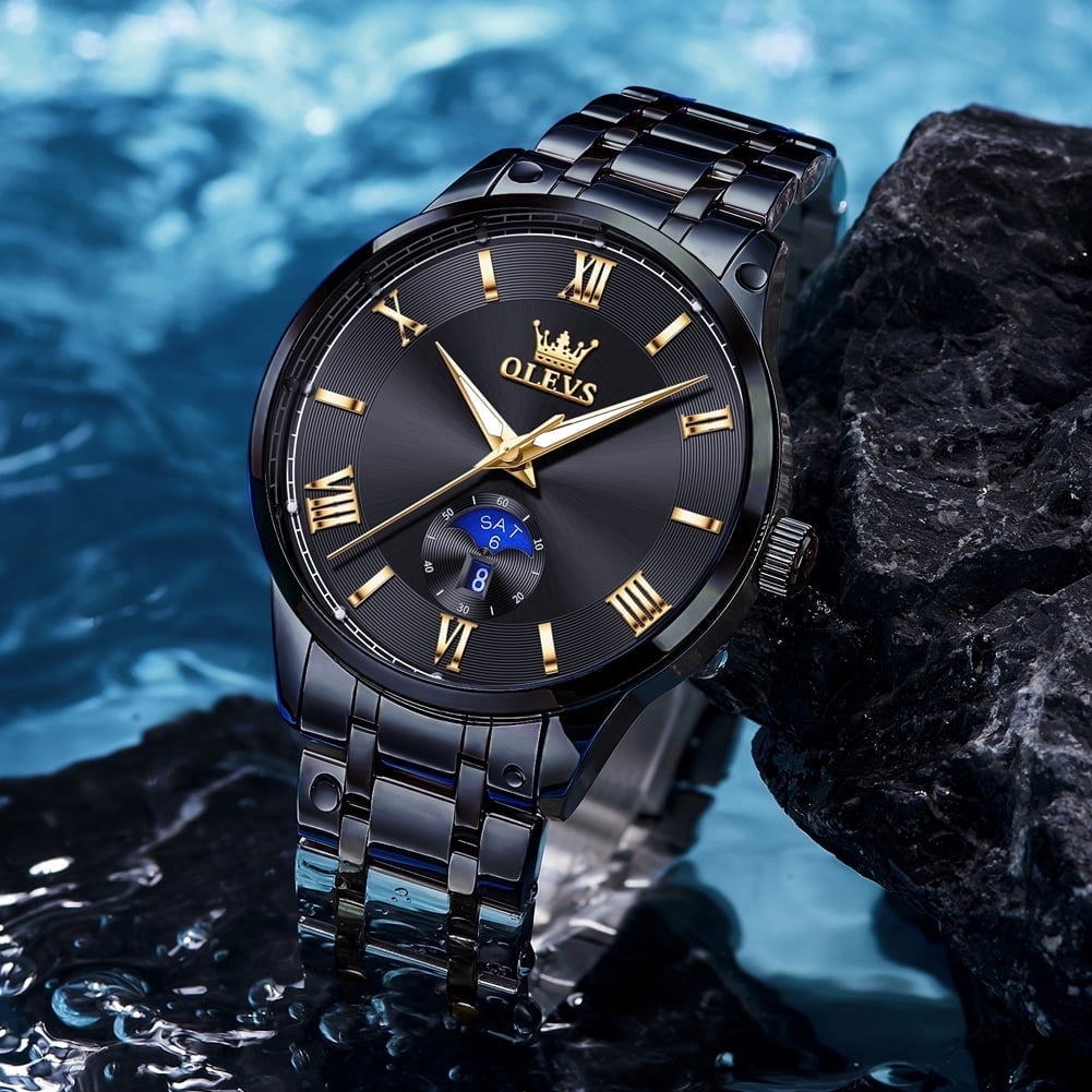 OLEVS Watches for Men Business Dress Waterproof Analog Quartz Stainless Steel Luminous Roman Numeral Classic Men Wrist Watches Reloj Para Hombre Black Dial