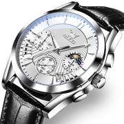 OLEVS Watches for Men Chronograph Black Leather Gold Plated Case Analog Quartz Fashion Business Dress Large Face Mens Watches Luminous Waterproof Casual Male Wrist Watch Reloj para Hombre