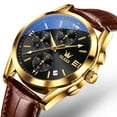 thumbnail image 1 of OLEVS Watches for Men Chronograph Leather Gold Plated Case Analog Quartz Fashion Business Dress Large Face Mens Watches Luminous Waterproof Casual Male Wrist Watch Reloj para Hombre blue/black Dial, 1 of 13