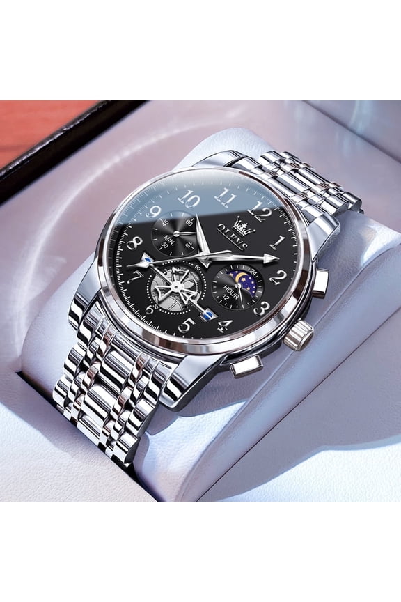 Watches For Men Chronograph Multifunction Business Dress Luxury Casual Analog Moon Phase Flywheel Quartz Stainless Steel Waterproof Luminous Men Wrist Watches Reloj Para Hombre Black Dial