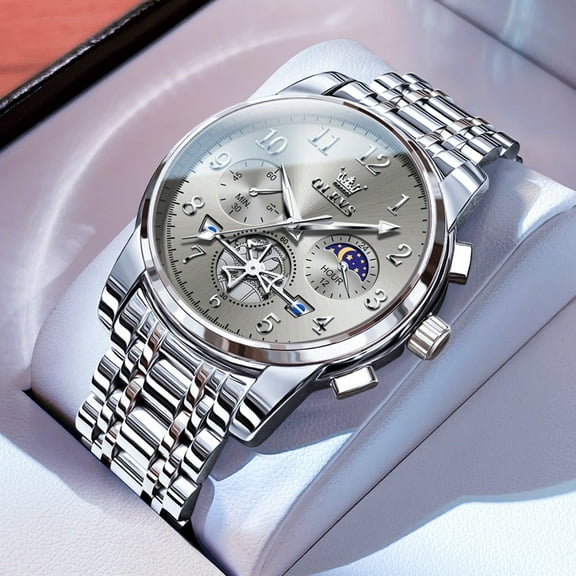 OLEVS Watches For Men Chronograph Multifunction Business Dress Luxury Casual Analog Moon Phase Flywheel Quartz Stainless Steel Waterproof Luminous Men Wrist Watches Reloj Para Hombre Gray Dial