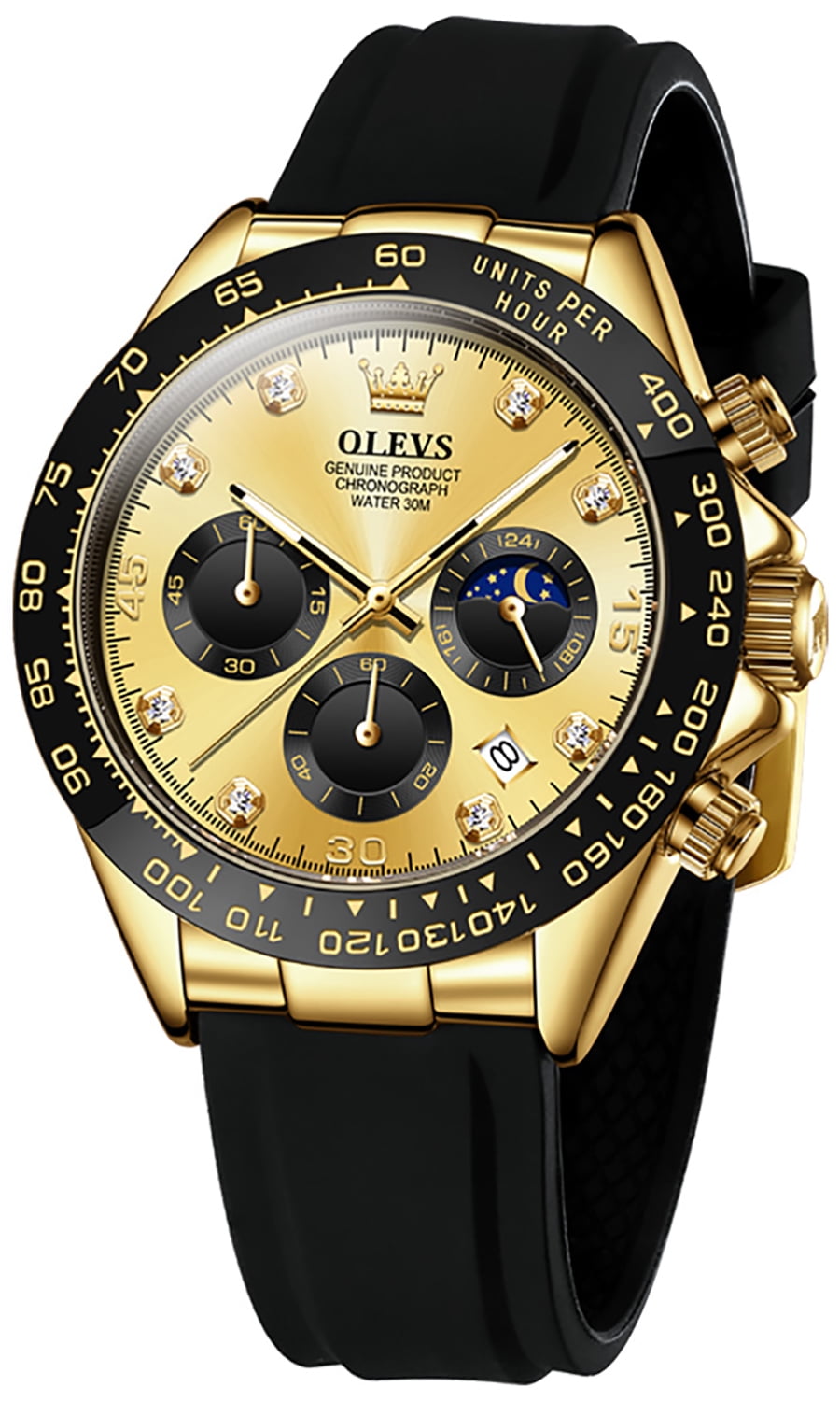 OLEVS Watches for Men Chronograph Multifunction Sport Silicone Luxury Dress Diamond Moon Phase Quartz Male Watch Waterproof Mens Wrist Watches Reloj para Hombre,Gold/Black/White/Blue/Grey Dial
