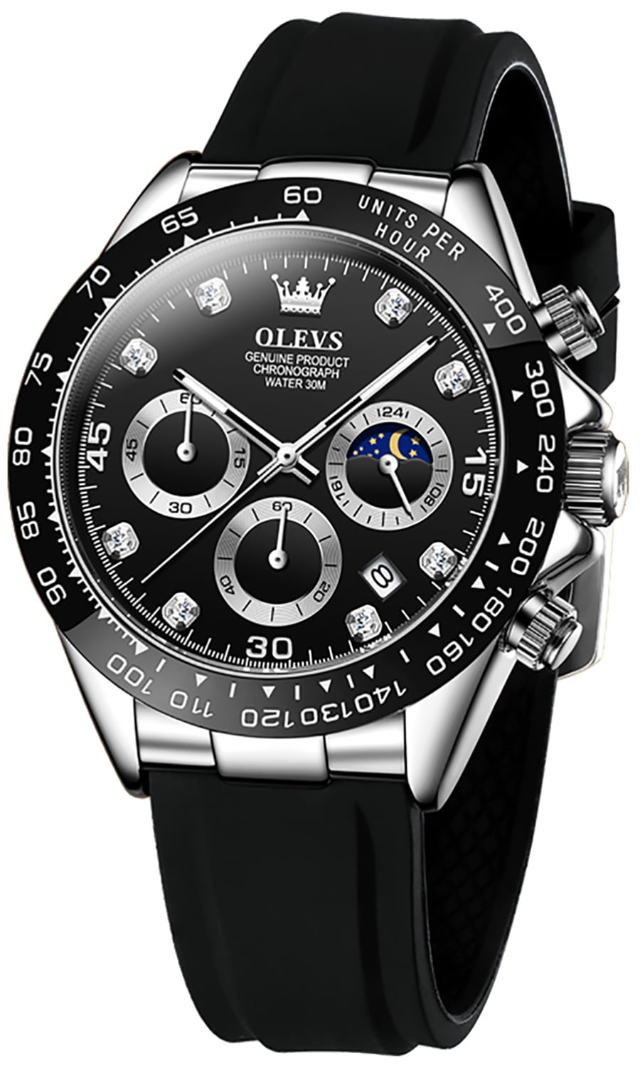 OLEVS Watches for Men Chronograph Multifunction Sport Silicone Luxury Dress Diamond Moon Phase Quartz Male Watch Waterproof Mens Wrist Watches Reloj para Hombre,Gold/Black/White/Blue/Grey Dial