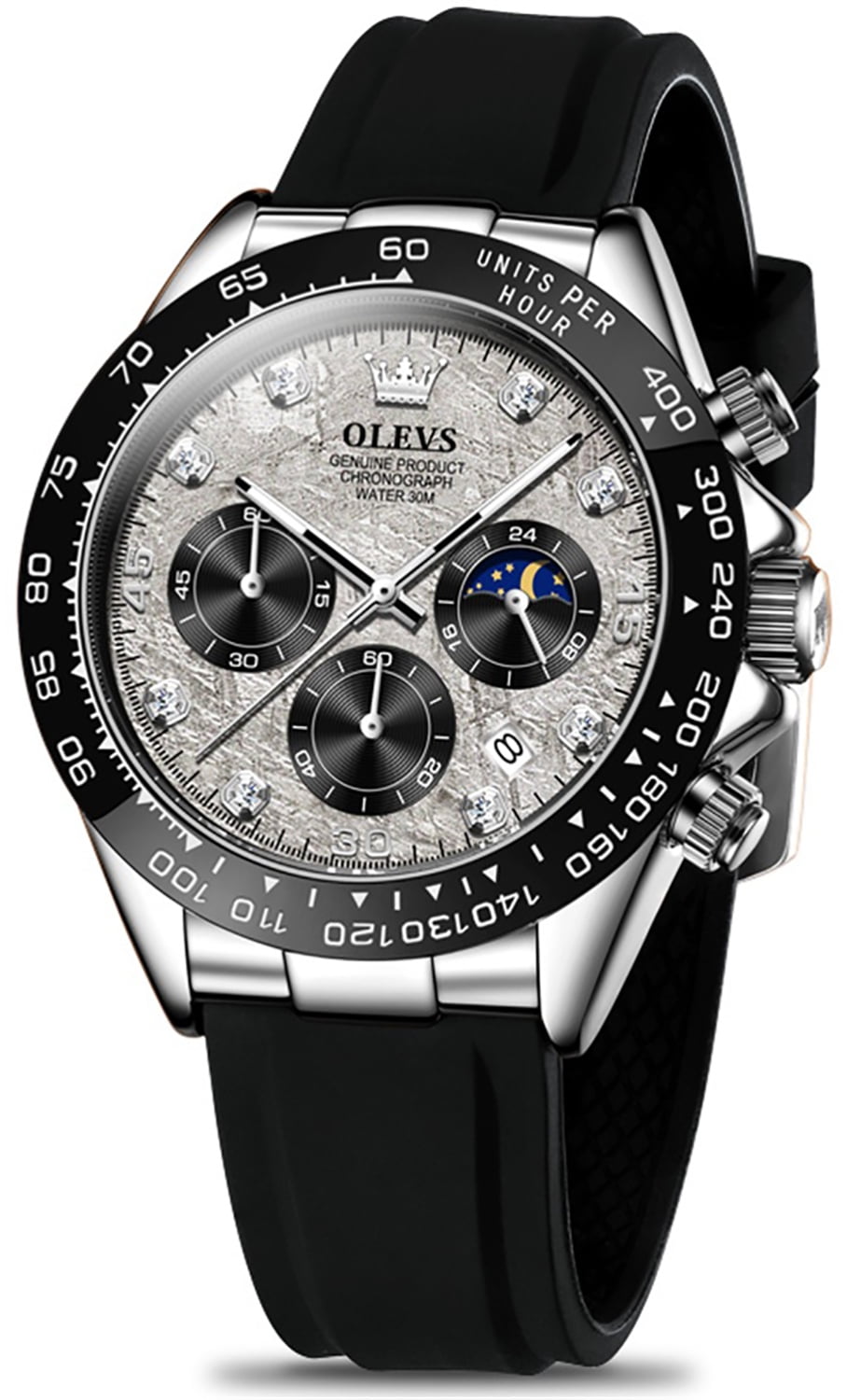 OLEVS Watches for Men Chronograph Multifunction Sport Silicone Luxury Dress Diamond Moon Phase Quartz Male Watch Waterproof Mens Wrist Watches Reloj para Hombre,Gold/Black/White/Blue/Grey Dial