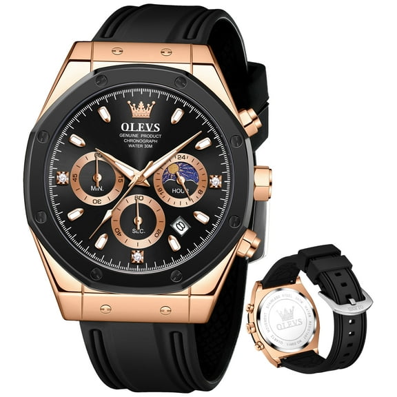 OLEVS Watches for Men Chronograph Waterproof Luxury Dress Quartz Silicon Strap Multifunction Moon Phase Business Calendar Luminous Men Wrist Watches Reloj Para Hombre Gray/Black/White