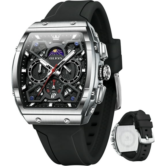 OLEVS Watches for Men Chronograph Waterproof Luxury Dress Quartz Silicon Strap Multifunction Moon Phase Calendar Luminous Men Wrist Watches Reloj Para Hombre Black/Red
