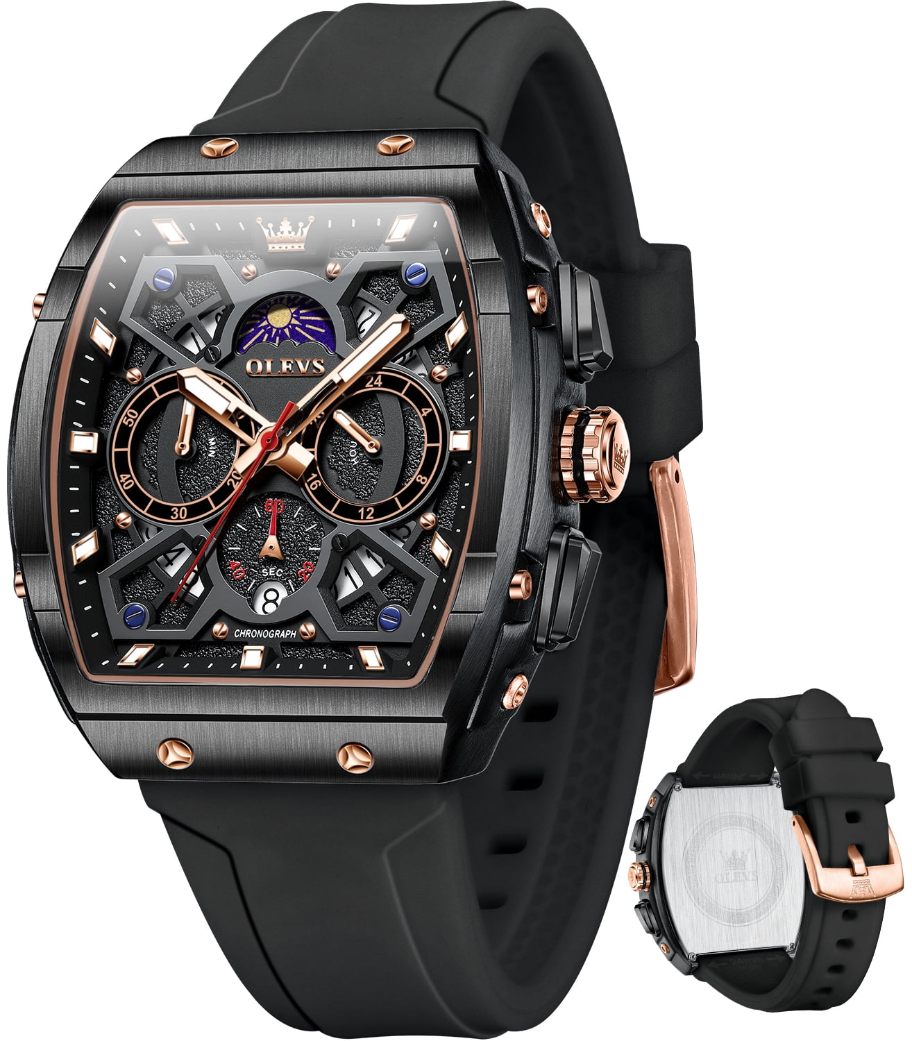 OLEVS Watches for Men Chronograph Waterproof Luxury Dress Quartz Silicon Strap Multifunction Moon Phase Calendar Luminous Men Wrist Watches Reloj Para Hombre Black/Red