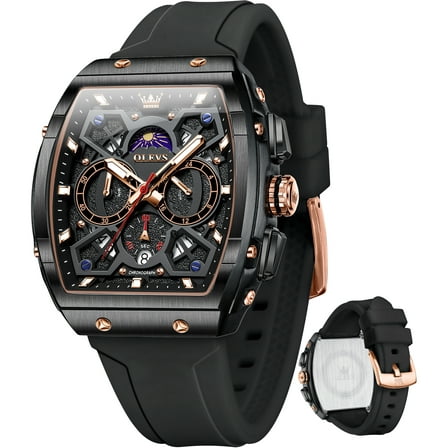 OLEVS Watches for Men Chronograph Waterproof Luxury Dress Quartz Silicon Strap Multifunction Moon Phase Calendar Luminous Men Wrist Watches Reloj Para Hombre Black/Red