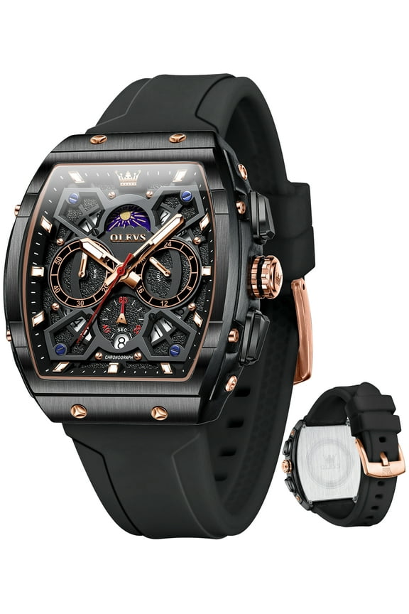 Watches for Men Chronograph Waterproof Luxury Dress Quartz Silicon Strap Multifunction Moon Phase Calendar Luminous Men Wrist Watches Reloj Para Hombre Black/Red