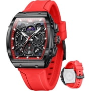 OLEVS Watches for Men Chronograph Waterproof Luxury Dress Quartz Silicon Strap Multifunction Moon Phase Calendar Luminous Men Wrist Watches Reloj Para Hombre Black/Red