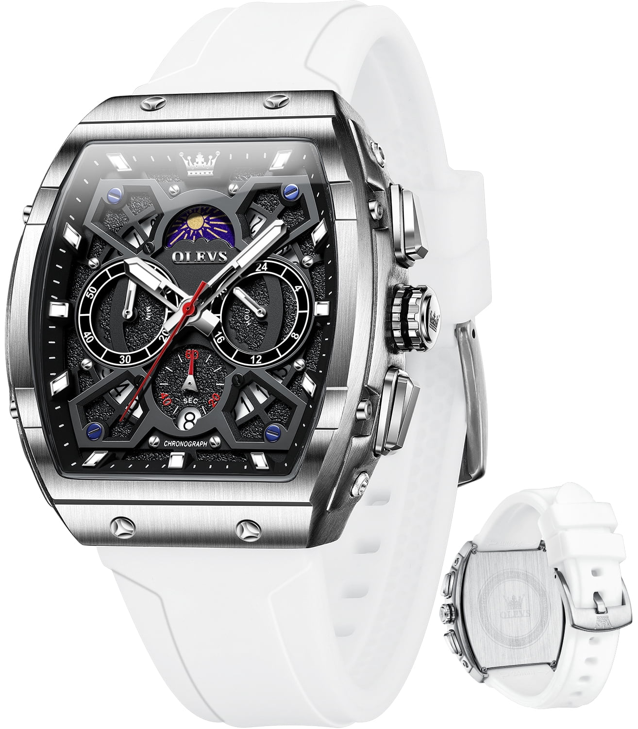 OLEVS Watches for Men Chronograph Waterproof Luxury Dress Quartz Silicon Strap Multifunction Moon Phase Calendar Luminous Men Wrist Watches Reloj Para Hombre Black/Red