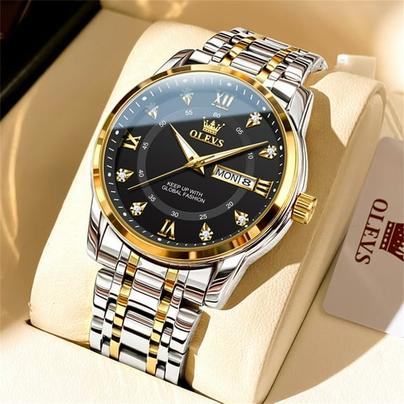 OLEVS Watches for Men Classic Business Dress Analog Quartz Stainless Steel Waterproof Luminous Date Diamond Mens Wrist Watches Relojes De Hombre,Gold/Blue/Black Dial