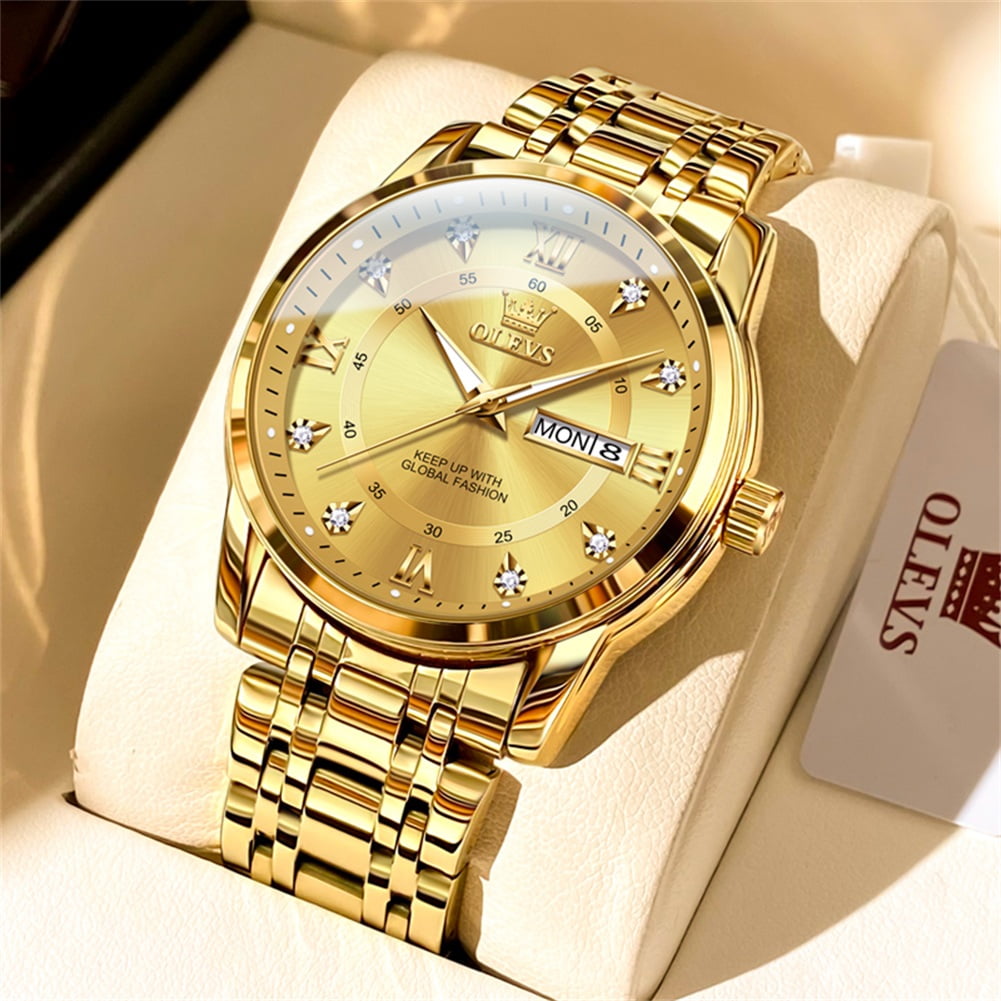 OLEVS Watches for Men Classic Business Dress Analog Quartz Stainless Steel Waterproof Luminous Date Diamond Mens Wrist Watches Relojes De Hombre,Gold/Blue/Black Dial