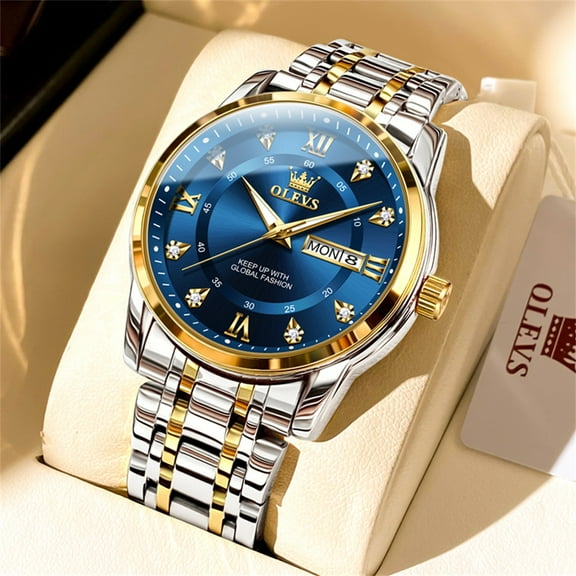 OLEVS Watches for Men Classic Business Dress Analog Quartz Stainless Steel Waterproof Luminous Date Diamond Mens Wrist Watches Relojes De Hombre,Gold/Blue/Black Dial