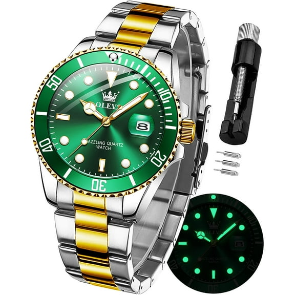 OLEVS Watches for Men Classic with Date Business Dress Luxury Big Face Green/Black/Blue Waterproof Luminous Mens Wrist Watch Analog Two Tone Stainless Steel Men Watch