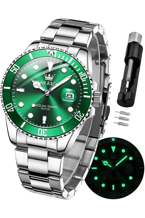Watches for Men Classic with Date Business Dress Luxury Big Face Green/Black/Blue Waterproof Luminous Mens Wrist Watch Analog Two Tone Stainless Steel Men Watch