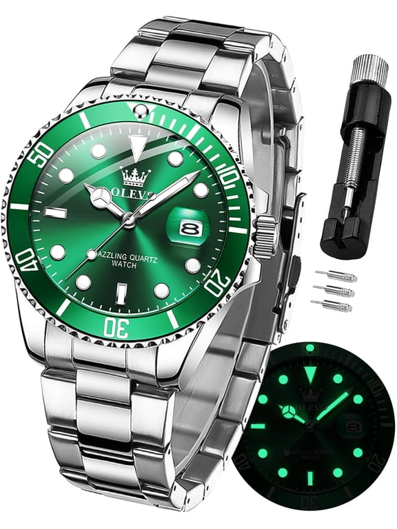 Watches for Men Classic with Date Business Dress Luxury Big Face Green/Black/Blue Waterproof Luminous Mens Wrist Watch Analog Two Tone Stainless Steel Men Watch