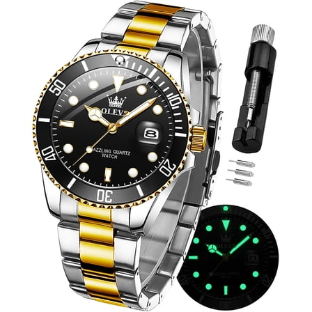 OLEVS Watches for Men Classic with Date Business Dress Luxury Big Face Green/Black/Blue Waterproof Luminous Mens Wrist Watch Analog Two Tone Stainless Steel Men Watch