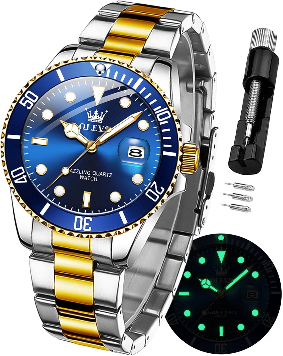 OLEVS Watches for Men Classic with Date Business Dress Luxury Big Face Green/Black/Blue Waterproof Luminous Mens Wrist Watch Analog Two Tone Stainless Steel Men Watch