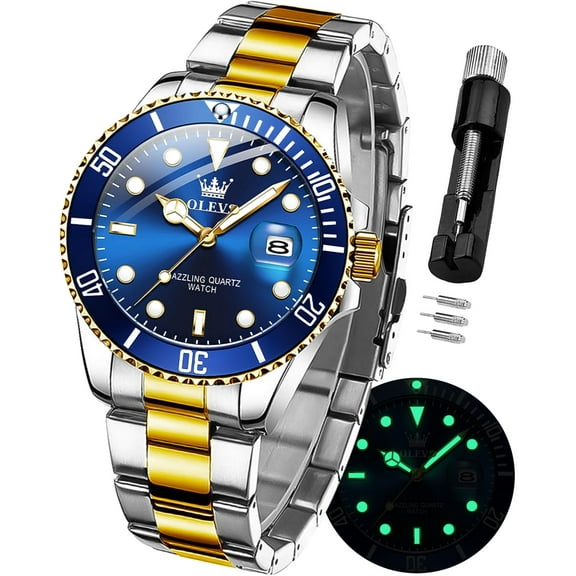 OLEVS Watches for Men Classic with Date Business Dress Luxury Big Face Green/Black/Blue Waterproof Luminous Mens Wrist Watch Analog Two Tone Stainless Steel Men Watch