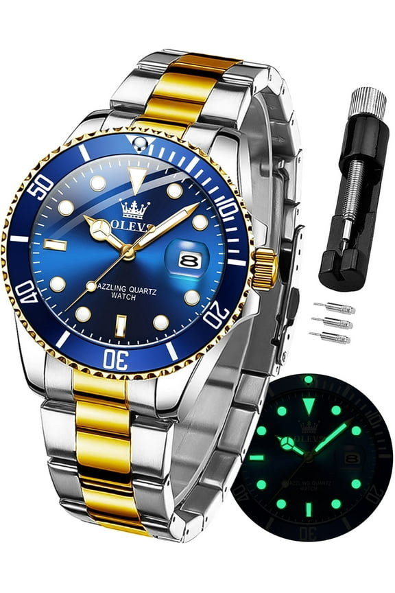 Watches for Men Classic with Date Business Dress Luxury Big Face Green/Black/Blue Waterproof Luminous Mens Wrist Watch Analog Two Tone Stainless Steel Men Watch