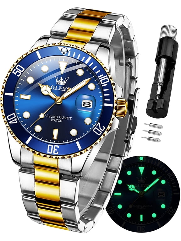 Watches for Men Classic with Date Business Dress Luxury Big Face Green/Black/Blue Waterproof Luminous Mens Wrist Watch Analog Two Tone Stainless Steel Men Watch