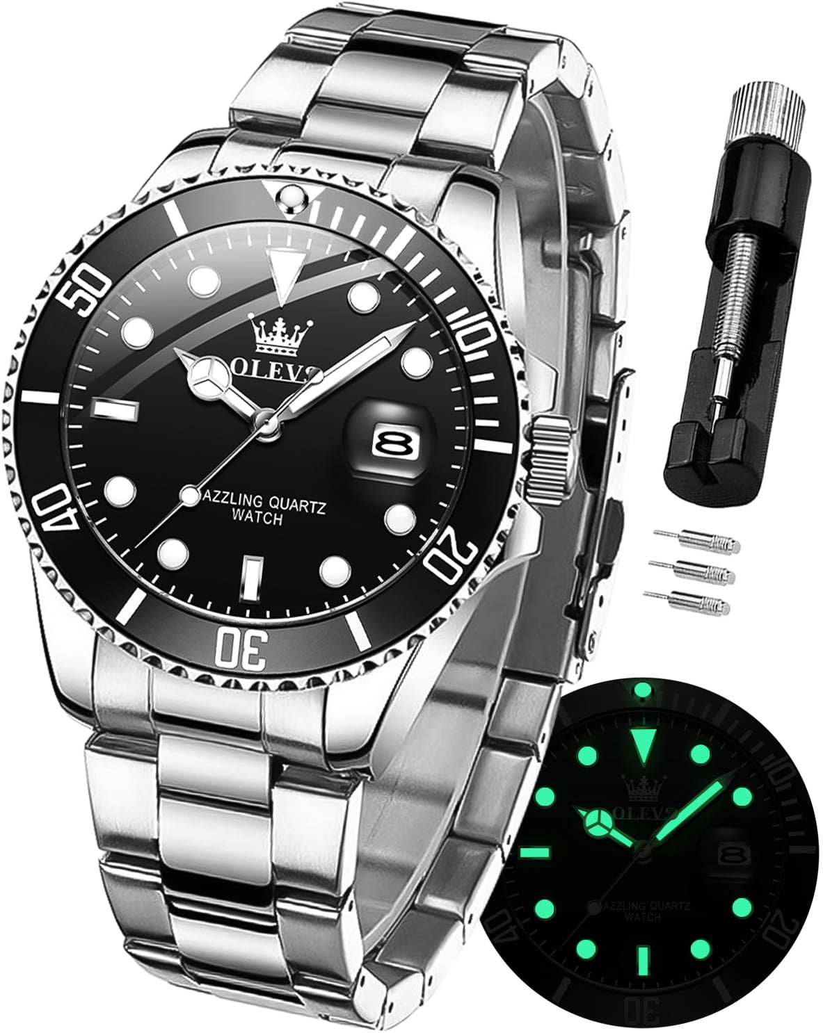 OLEVS Watches for Men Classic with Date Business Dress Luxury Big Face Green/Black/Blue Waterproof Luminous Mens Wrist Watch Analog Two Tone Stainless Steel Men Watch