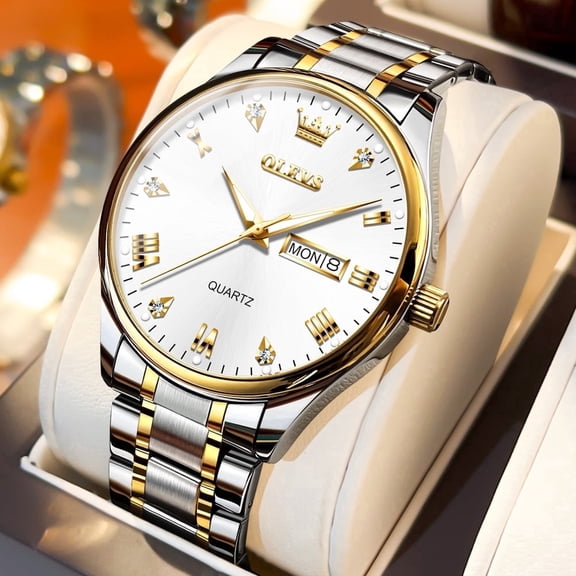 OLEVS Watches for Men Classic with Date Business Dress Luxury Diamond Gold/Black/Blue Waterproof Luminous Mens Wrist Watches Analog Two Tone Stainless Steel Male Reloj para Hombre