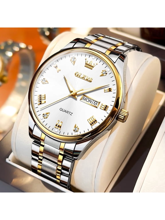 Watches for Men Classic with Date Business Dress Luxury Diamond Gold/Black/Blue Waterproof Luminous Mens Wrist Watches Analog Two Tone Stainless Steel Male Reloj para Hombre