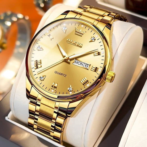OLEVS Watches for Men Classic with Date Business Dress Luxury Diamond Gold/Black/Blue Waterproof Luminous Mens Wrist Watches Analog Two Tone Stainless Steel Male Reloj para Hombre
