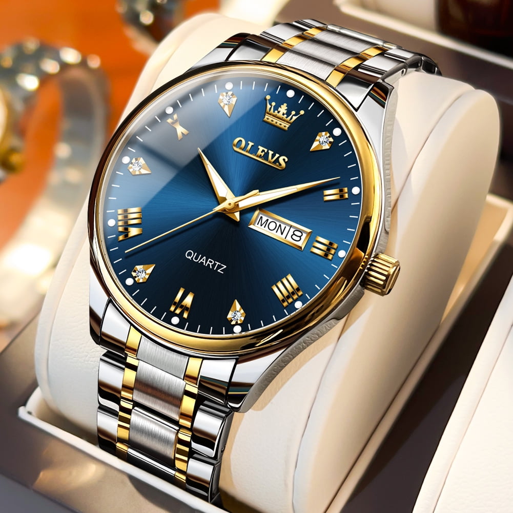 OLEVS Watches for Men Classic with Date Business Dress Luxury Diamond Gold/Black/Blue Waterproof Luminous Mens Wrist Watches Analog Two Tone Stainless Steel Male Reloj para Hombre