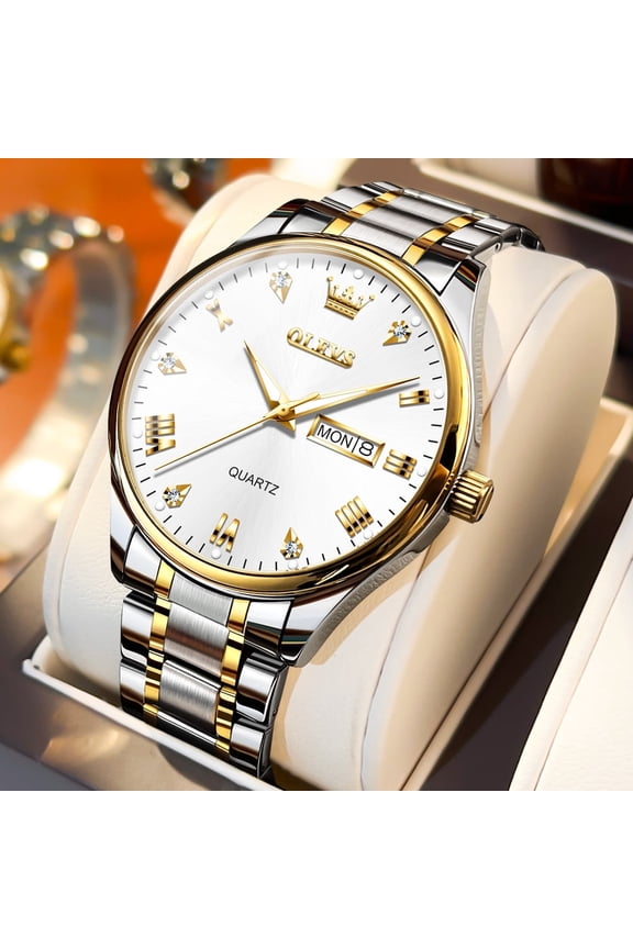 Watches for Men Classic with Date Business Dress Luxury Diamond Gold/Black/Blue Waterproof Luminous Mens Wrist Watches Analog Two Tone Stainless Steel Male Reloj para Hombre