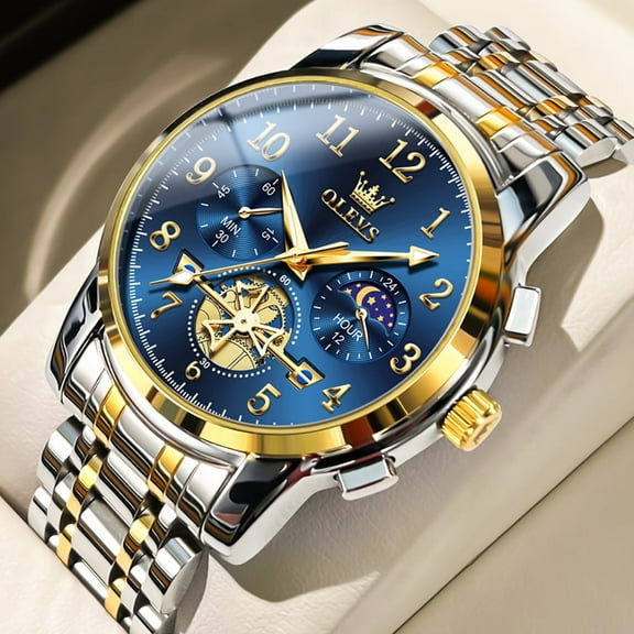 OLEVS Mens Watches Chronograph Business Dress Quartz Stainless Steel Waterproof Luminous Date Wrist Watch For Men Blue Dial