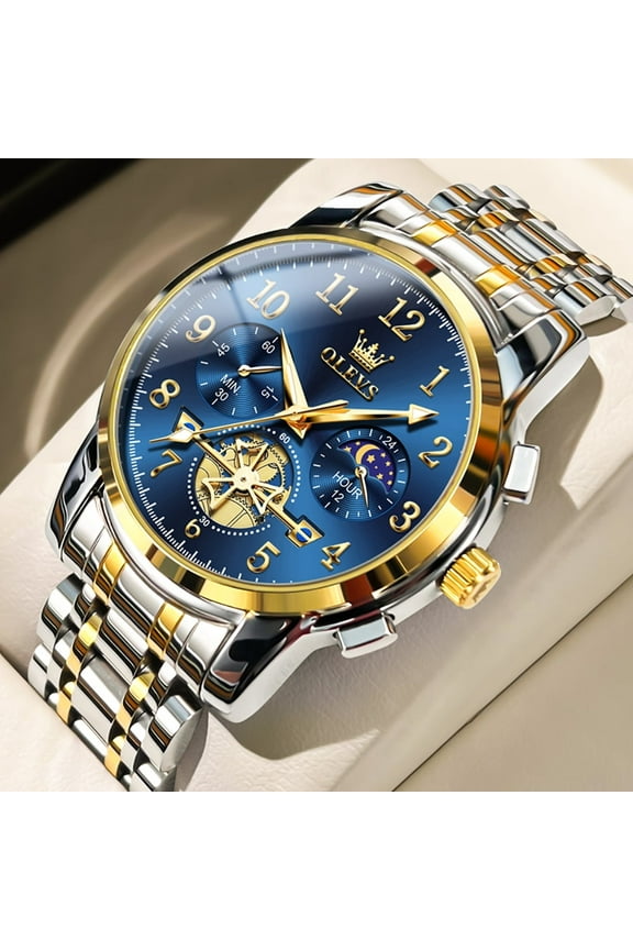 Mens Watches Chronograph Business Dress Quartz Stainless Steel Waterproof Luminous Date Wrist Watch For Men Blue Dial