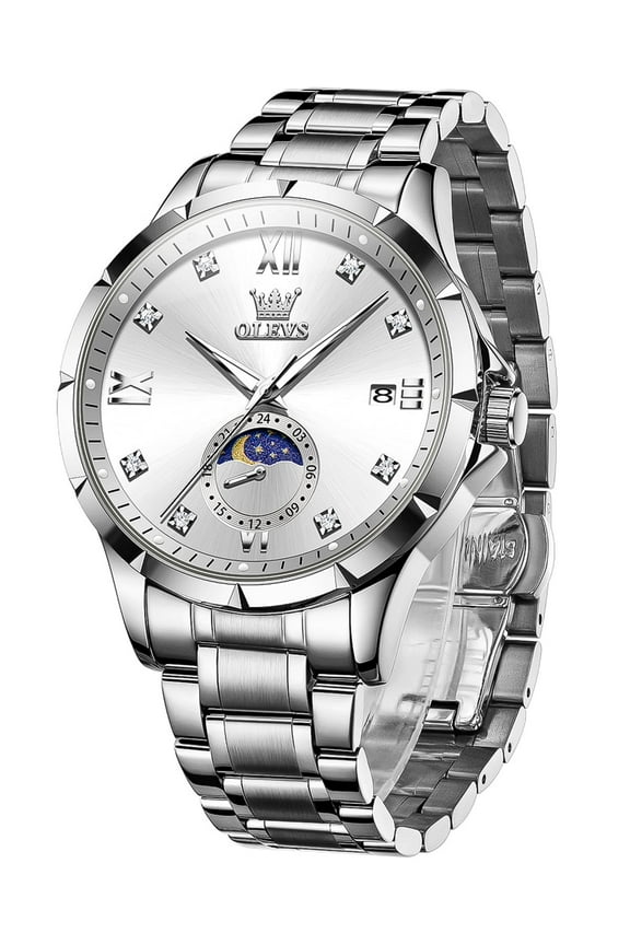 Watches for Men Diamond Business Dress Casual Analog Moon Phase Calendar Quartz Stainless Steel Waterproof Luminous Date Men Wrist Watches Reloj Para Hombre White Dial