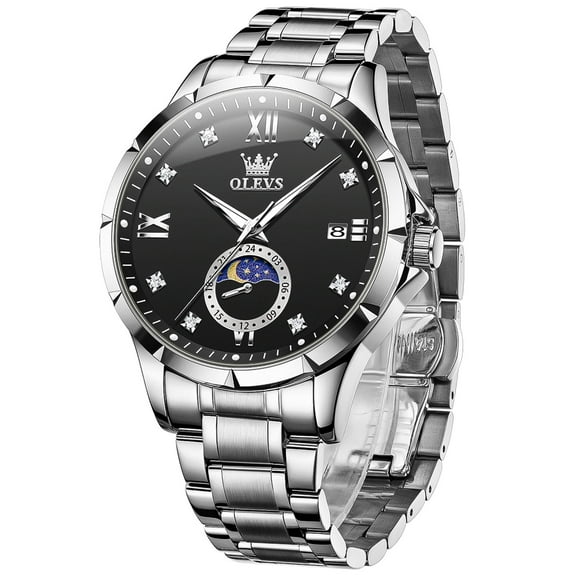 OLEVS Watches for Men Diamond Business Dress Casual Analog Moon Phase Calendar Quartz Stainless Steel Waterproof Luminous Date Men Wrist Watches Reloj Para Hombre Black Dial
