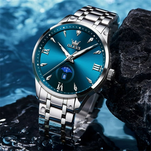 OLEVS Watches for Men Business Dress Casual Analog Quartz Stainless Steel Waterproof Luminous Men Wrist Watches Reloj Para Hombre Blue Dial